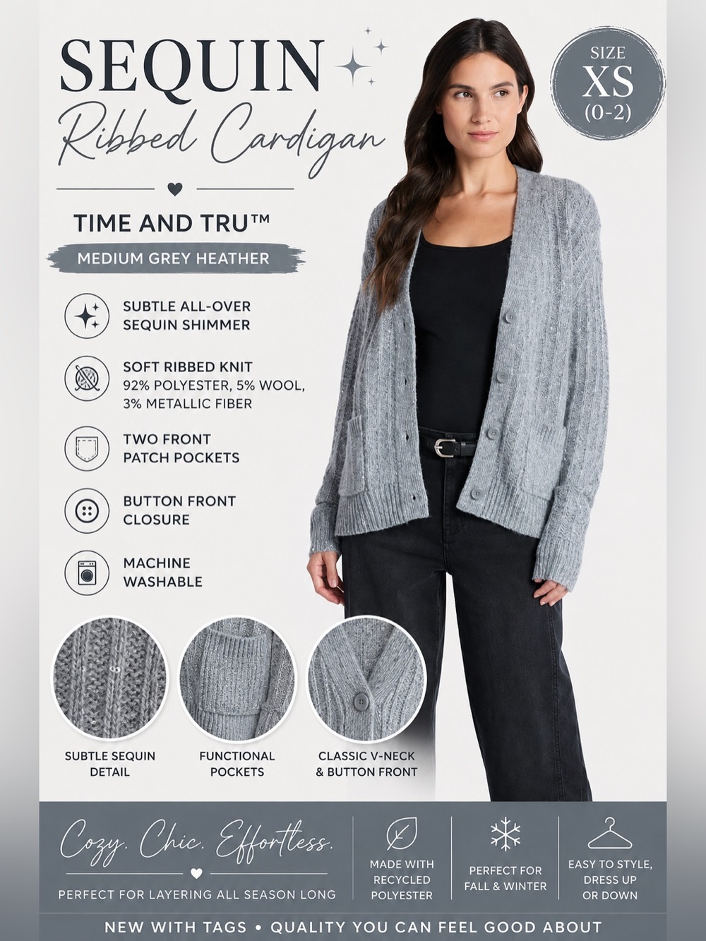 Time and Tru Women's XS Gray Heather Sequin Button Front Pocket Cardigan Sweater - Picture 2 of 13